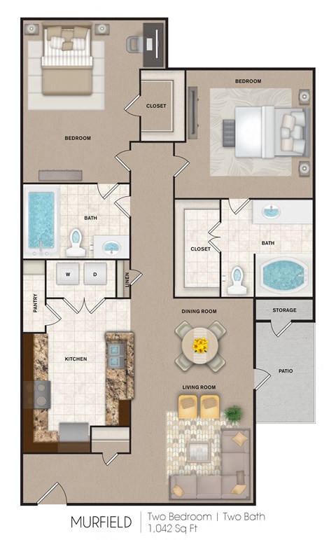 Floor plan for 2 beds, 2 baths, 1042 sqft