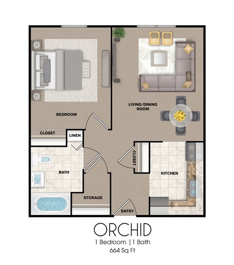 Floor plan for 1 bed, 1 bath, 624 sqft