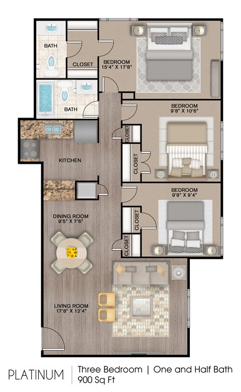 Floor plan for 3 beds, 1.5 baths, 900 sqft