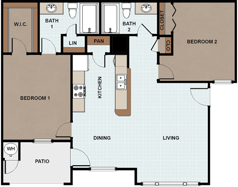 Floor plan for 2 beds, 2 baths, 901 sqft