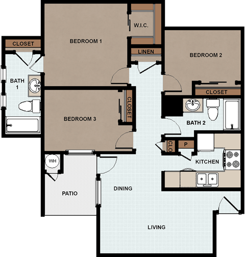Floor plan for 3 beds, 2 baths, 1150 sqft