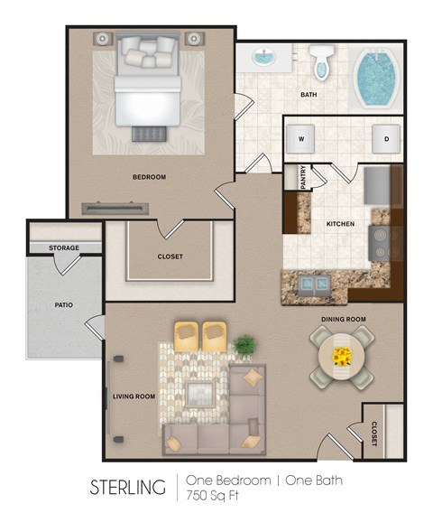 Floor plan for 1 bed, 1 bath, 750 sqft