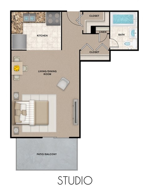 Floor plan for studio, 1 bath, 388 sqft