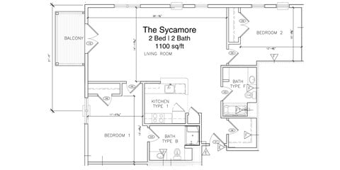 Floor plan for 2 beds, 2 baths, 959 sqft