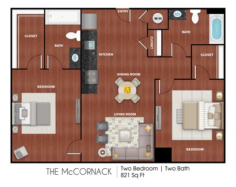 Floor plan for 2 beds, 2 baths, 821 sqft