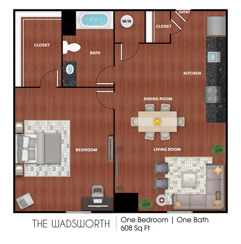 Floor plan for 1 bed, 1 bath, 608 sqft