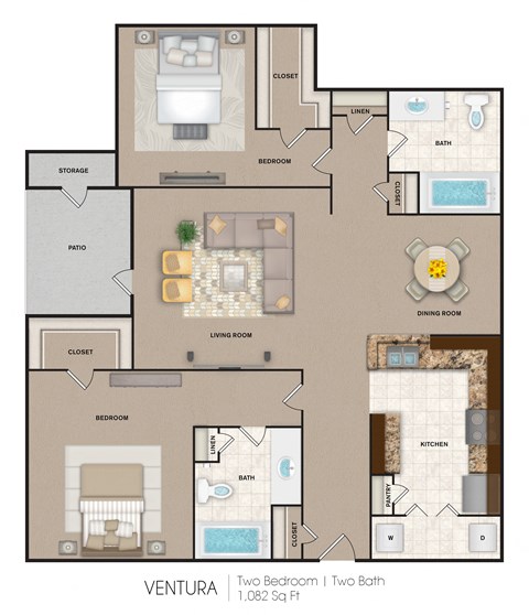 Floor plan for 2 beds, 2 baths, 1082 sqft