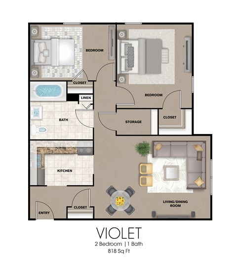Floor plan for 2 beds, 1 bath, 818 sqft