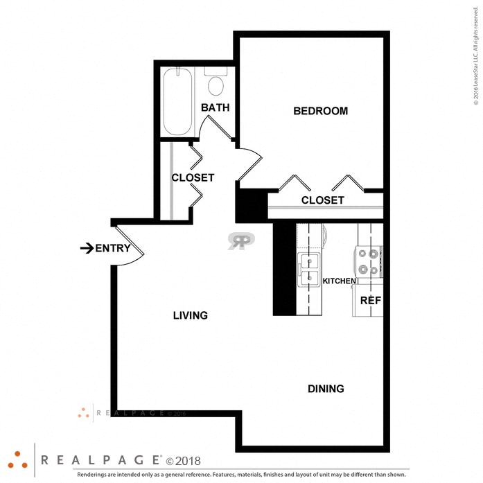 Floor plan for 1 bed, 1 bath, 650 sqft