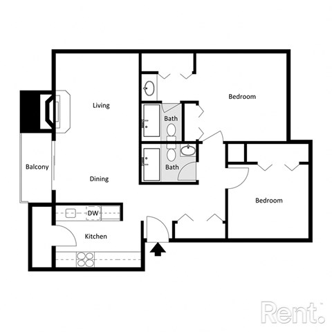 Floor plan for 2 beds, 2 baths, 927 sqft