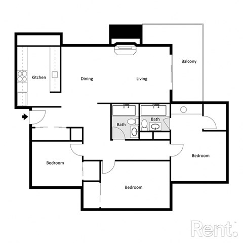 Floor plan for 3 beds, 2 baths, 1200 sqft