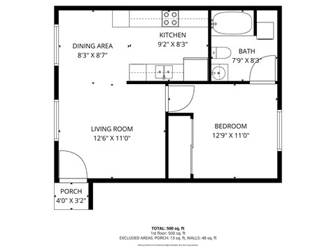 Floor plan for 1 bed, 1 bath, 520 sqft