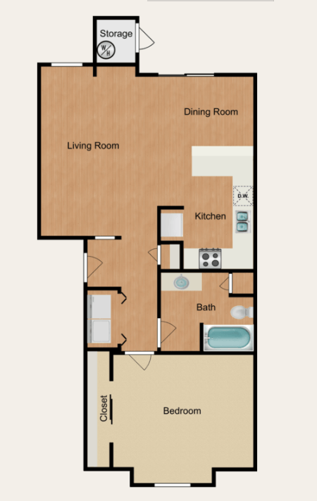 Floor plan for 1 bed, 1 bath, 758 sqft