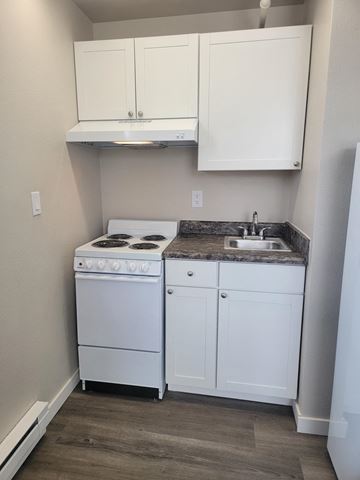 Shelton apartment for rent - a kitchen with white cabinets and a stove and a sink
