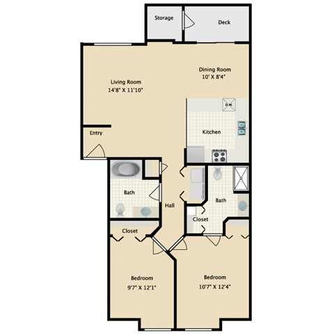 Floor plan for 2 beds, 2 baths, 1022 sqft