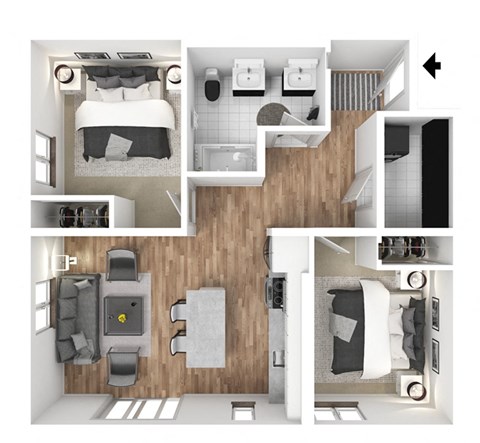 Floor plan for 2 beds, 1 bath, 845 sqft