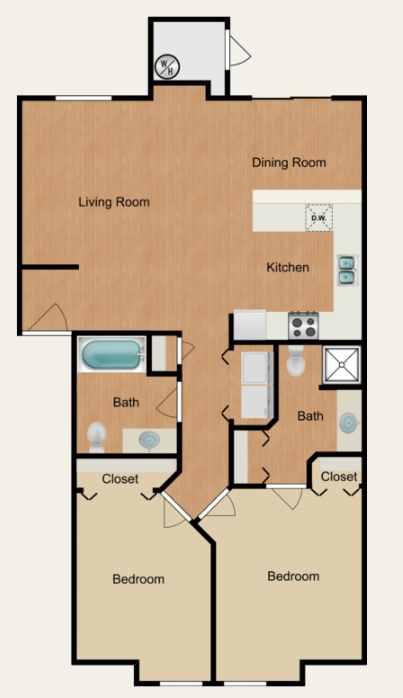 Floor plan for 2 beds, 2 baths, 975 sqft