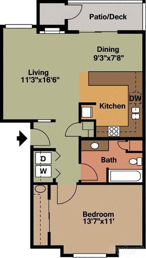 Floor plan for 1 bed, 1 bath, 774 sqft