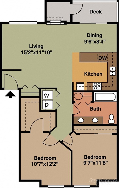Floor plan for 2 beds, 1 bath, 979 sqft
