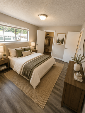Lakewood apartment for rent - A bedroom with a bed, nightstand, and a window with a view of the outside.