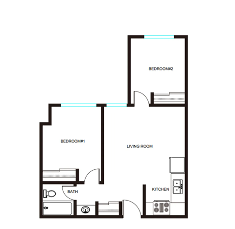 Floor plan for 2 beds, 1 bath, 497 sqft