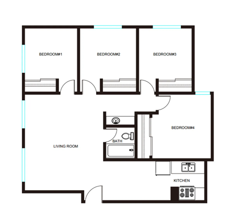 Floor plan for 4 beds, 1 bath, 880 sqft