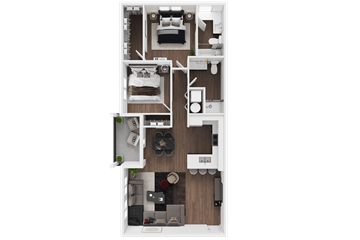 Puyallup apartment for rent - A top-down view of a small apartment with a kitchen, living room, and bedrooms.