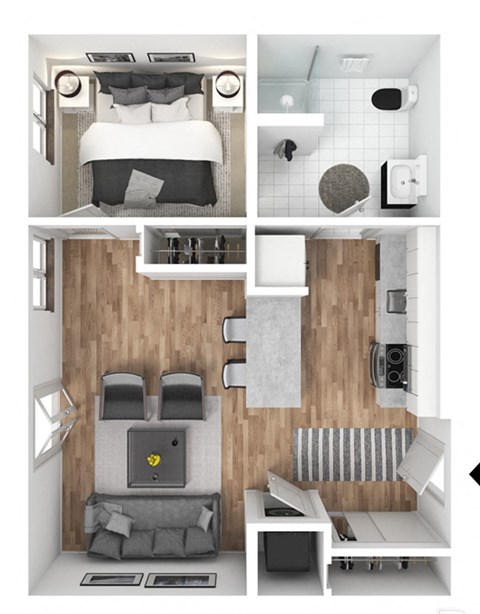 Floor plan for 1 bed, 1 bath, 619 sqft