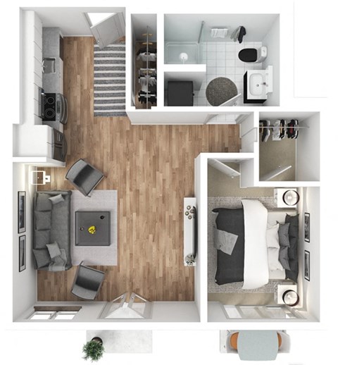 Floor plan for 1 bed, 1 bath, 614 sqft