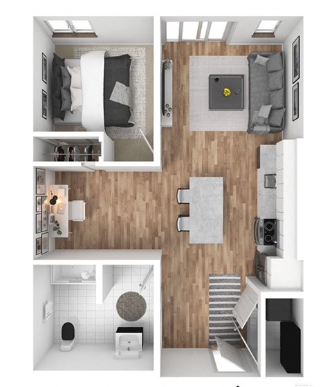 Floor plan for 1 bed, 1 bath, 677 sqft