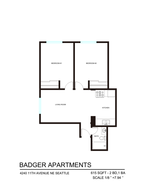 Floor plan for 2 beds, 1 bath, 572 sqft