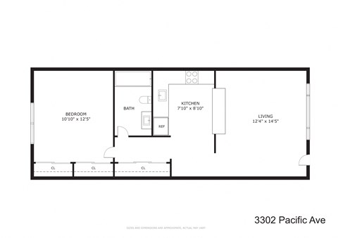 Floor plan for 1 bed, 1 bath, 538 sqft