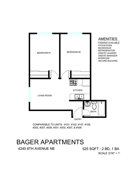 Floor plan for 2 beds, 1 bath, 525 sqft