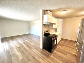 University Place apartment for rent - 2-bedroom apartment kitchen and living room with a black stove, vinyl plank floors., and white cabinets