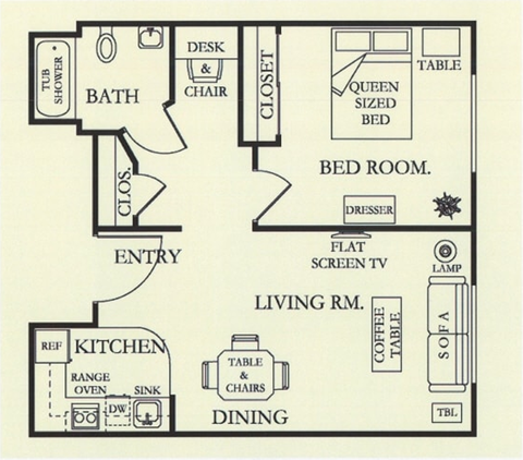 Floor plan for 1 bed, 1 bath, 700 sqft