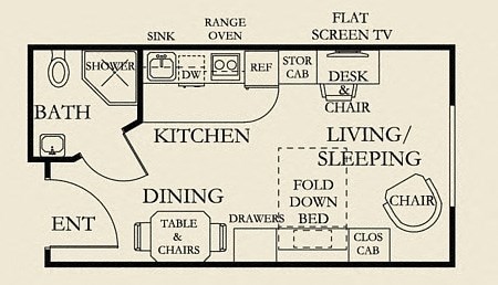 Floor plan for studio, 1 bath, 300 sqft