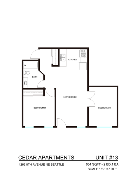 Floor plan for 2 beds, 1 bath, 654 sqft