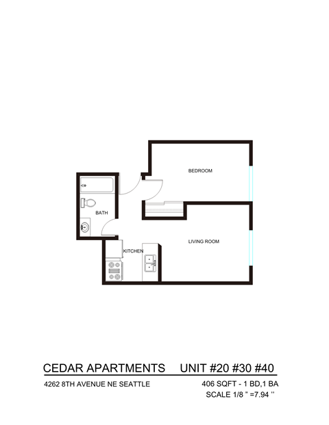 Floor plan for 1 bed, 1 bath, 406 sqft