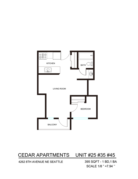 Floor plan for 1 bed, 1 bath, 427 sqft