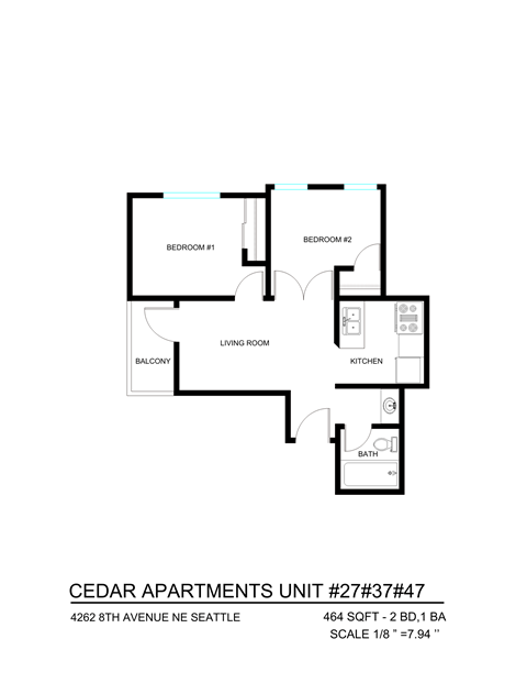 Floor plan for 2 beds, 1 bath, 630 sqft
