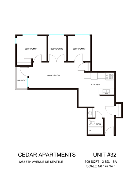 Floor plan for 3 beds, 1 bath, 542 sqft