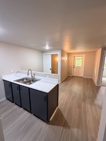 Seattle apartment for rent - A kitchen with a sink and cabinets.