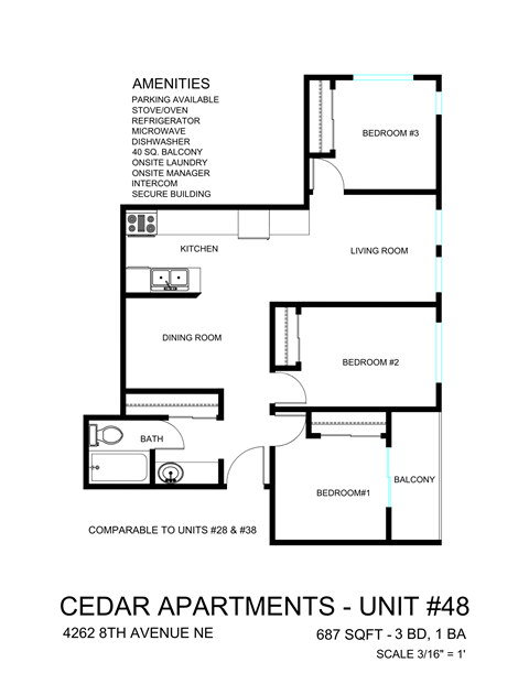 Floor plan for 3 beds, 1 bath, 687 sqft