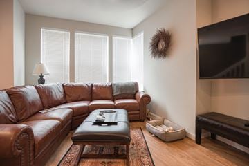Olympia apartment for rent - A living room with a brown leather couch and a coffee table.