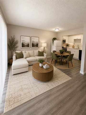 Lakewood apartment for rent - A modern living room with a white sofa, a wooden coffee table, and a dining table with chairs.