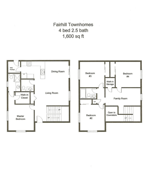 Floor plan for 4 beds, 2.5 baths, 1600 sqft
