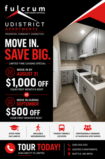 Seattle apartment for rent - A flyer for Fulcrum Real Estate Services advertising a limited-time leasing special with discounts on the first month's rent.
