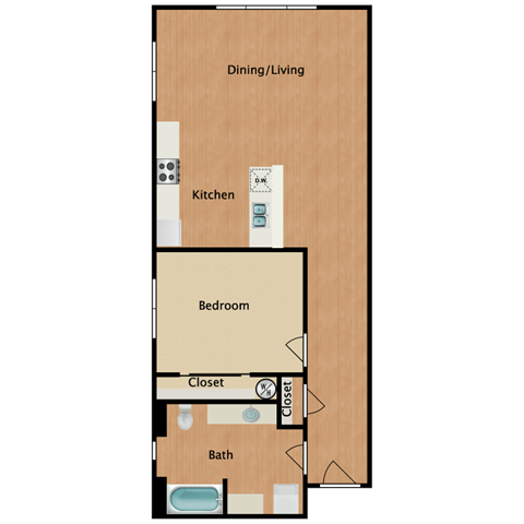 Floor plan for 1 bed, 1 bath, 635 sqft