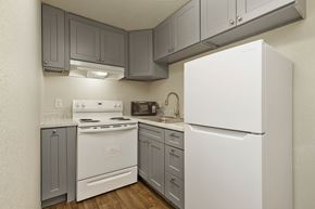 Seattle apartment for rent - A white refrigerator is in a kitchen with grey cabinets.