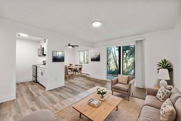 Olympia apartment for rent - A living room with a brown sofa and a wooden coffee table.